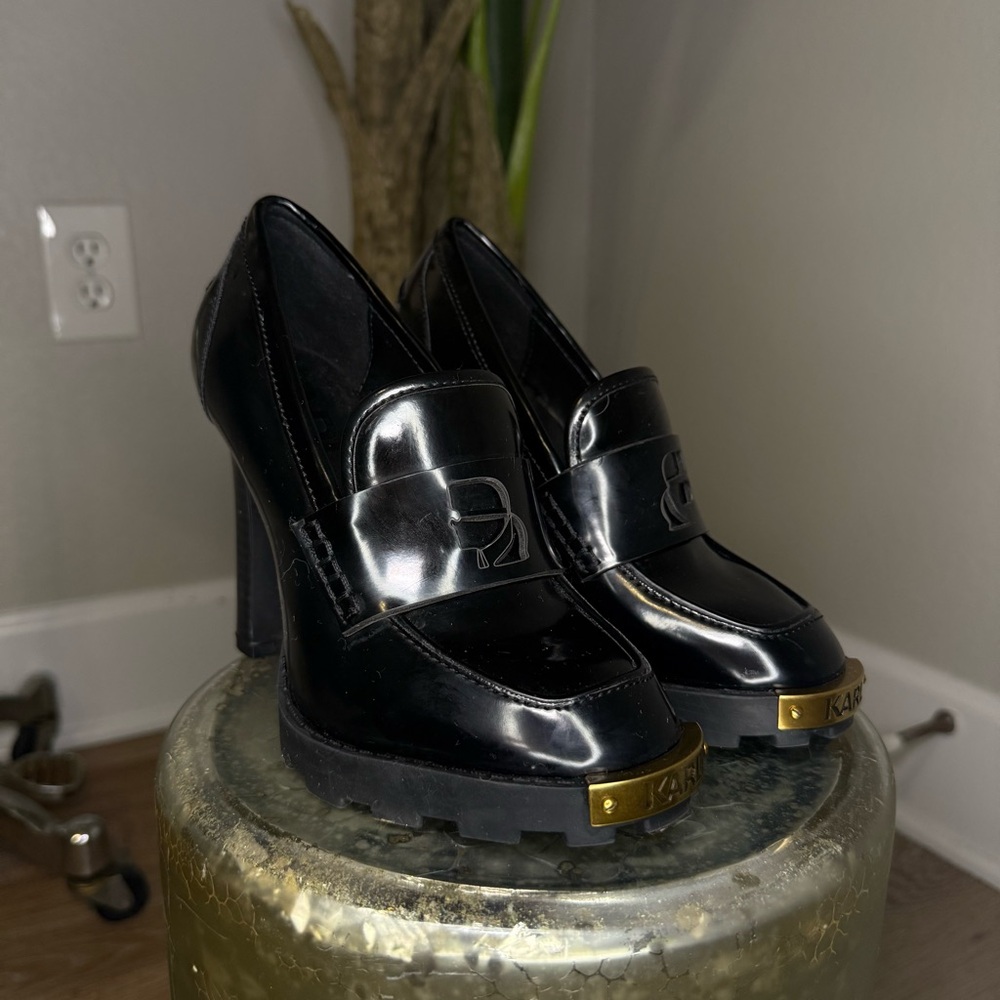 Karl Lagerfeld Paris Chunky Block Heel Loafers | Black Patent | Size 5.5